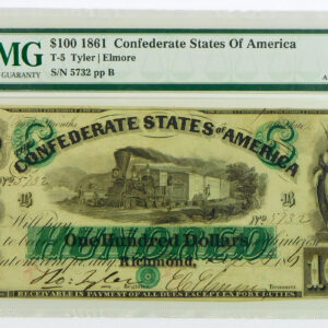 1861 $100 Confederate States of America Note (T-5) - PMG 55 About Uncirculated NET