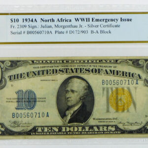 1934A $10 Silver Certificate - WWII North Africa Emergency Issue - Fr#2309 - PCGS 30 Very Fine