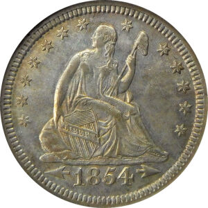1854 Arrows Seated Liberty Quarter - NGC AU 58