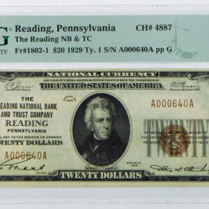 1929 Ty 1 $20 Reading National Bank & Trust Company - Reading, Pennsylvania CH#4887 - Fr#1802-1 - PMG 35 Choice Very Fine EPQ