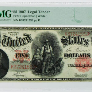 1907 $5 Legal Tender "Woodchopper" - Fr#91 - PMG 30 Very Fine
