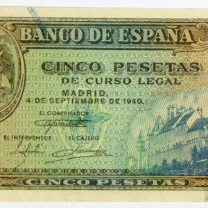 1940 Spain 5 Pesetas - Pick 123a