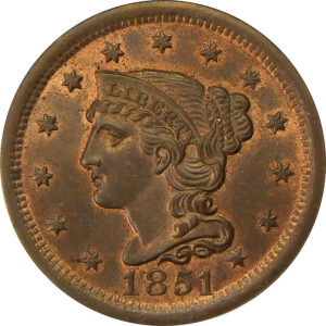 1851 Braided Hair Large Cent - NGC MS 65 Red-Brown - Old Fatty Holder