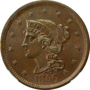 1856 Slanted 5 Braided Hair Large Cent - NGC MS 64 Brown - CAC
