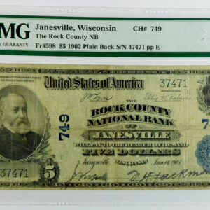 1902 PB $5 Rock County National Bank of Janesville, Wisconsin - CH# 749 - Fr#598 - PMG 20 Very Fine