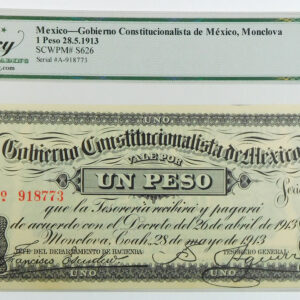 1913 Mexico Revolutionary Gobierno 1 Peso Note - Pick S626 - Legacy 64 Very Choice New - #2
