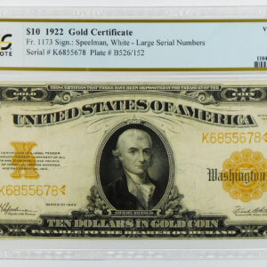 1922 $10 Gold Certificate - Fr#1173 - Large Serial Numbers - PCGS 30 Very Fine