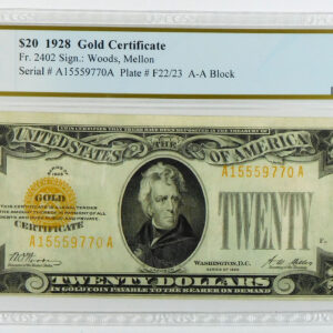 1928 $20 Gold Certificate - Fr#2402 - PCGS 50 About Uncirculated