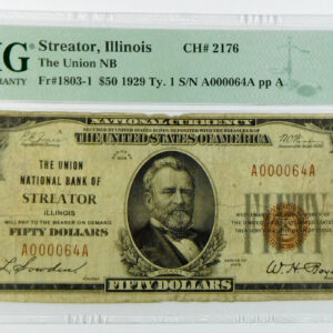 1929 Ty 1 $50 Union National Bank of Streator, Illinois - CH# 2176 - Fr#1803-1 - PMG 12 Fine