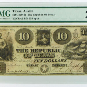 1839-41 $10 Republic of Texas, Austin Obsolete Note (TXCRA5) - PMG 25 Very Fine