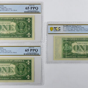 1977A $1 Federal Reserve Note Lot - Fr#1910-B - PCGS 65 & 63 Gem/Choice UNC PPQ - Insufficient Inking Error - Consecutive S/N