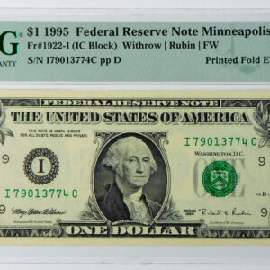 1995 $1 Federal Reserve Note Minneapolis - Fr# 1922-I - PMG 64 Choice Uncirculated EPQ - Printed Fold Error