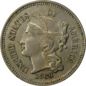 1869 Three Cent Nickel - AU 50