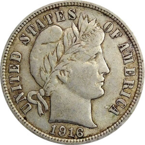 1916 Barber Dime - AU 50