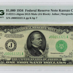 1934 $1,000 Federal Reserve Note Kansas City - Fr#2211-Jdgsm Mule - PMG 45 Choice Extremely Fine