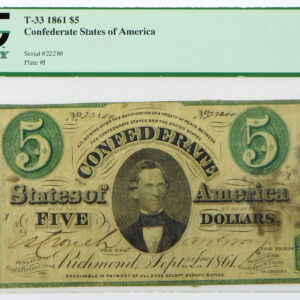 1861 $5 Confederate States of America Note (T-33) - PCGS 15 Fine Apparent