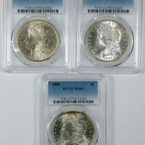 1881-S, 1887 & 1888 Morgan Silver Dollar Set - PCGS MS 63