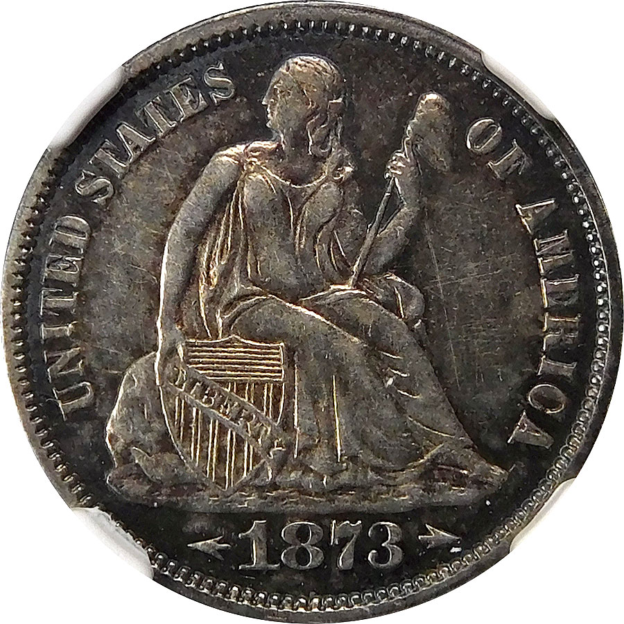 1873 Arrows Seated Liberty Dime - NGC AU 58
