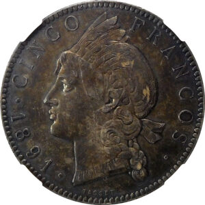 1891 A Dominican Republic Silver 5 Francos - NGC AU Details - Cleaned