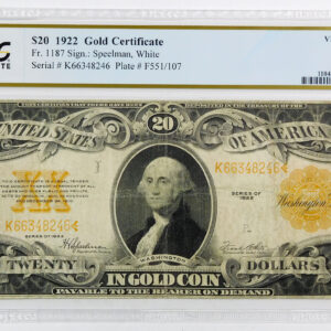1922 $20 Gold Certificate - Fr#1187 - PCGS 20 Very Fine