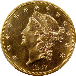 1857-S $20 Gold Liberty Head Double Eagle - PCGS MS 64+