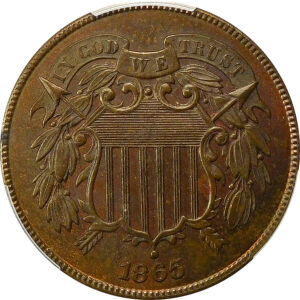 1865 Plain 5 Two-Cent Piece - PCGS MS 63 Brown