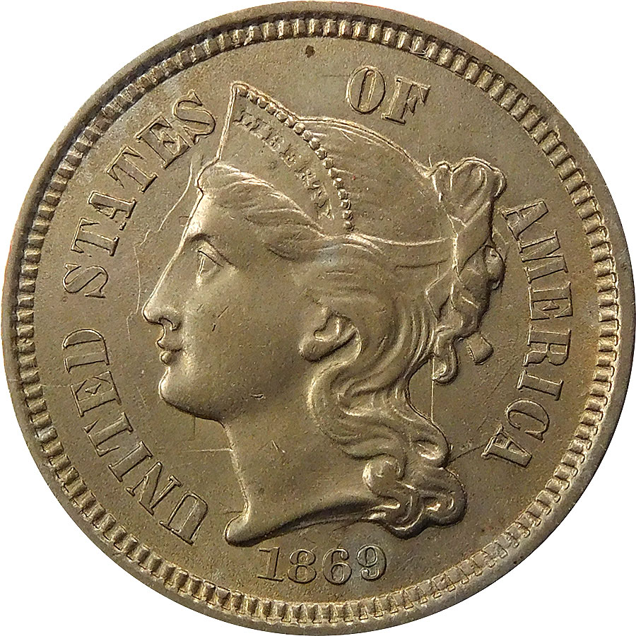 1869 Three Cent Nickel - MS 62