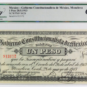 1913 Mexico Revolutionary Gobierno 1 Peso Note - Pick S626 - Legacy 66 Gem New PPQ - #1