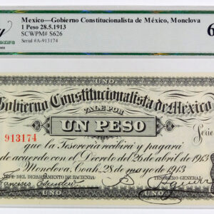1913 Mexico Revolutionary Gobierno 1 Peso Note - Pick S626 - Legacy 66 Gem New PPQ - #2