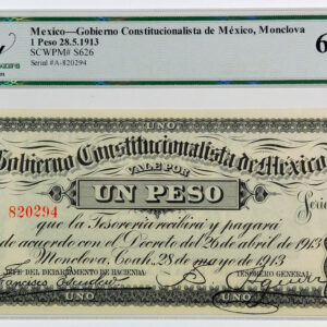 1913 Mexico Revolutionary Gobierno 1 Peso Note - Pick S626 - Legacy 65 Gem New PPQ