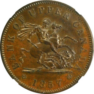 1857 Bank of Upper Canada Penny (PC-6D) - NGC MS 62 Brown