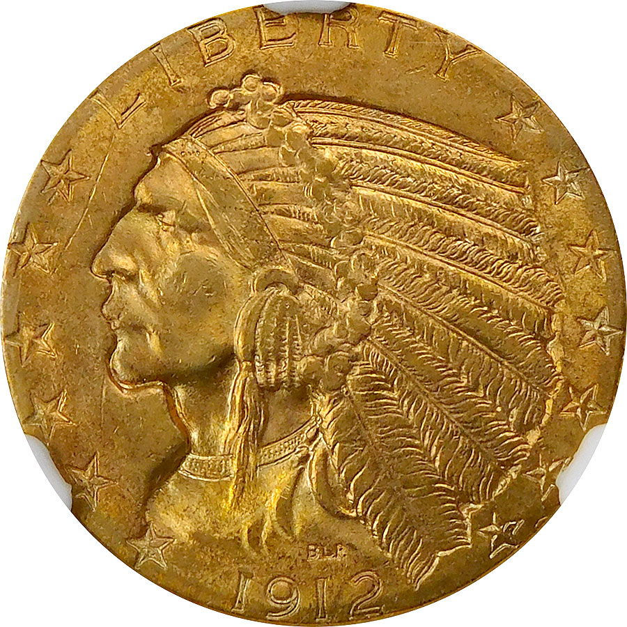 1912 $5 Gold Indian Head Half Eagle - NGC MS 63