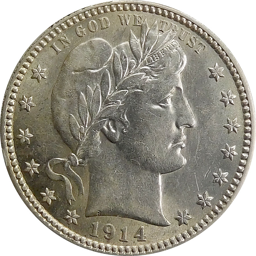 1914 Barber Quarter - AU 58
